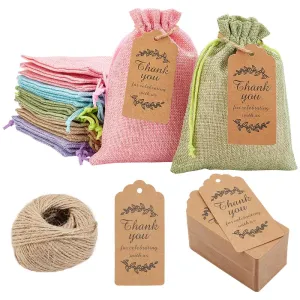 1 Bag Burlap Packing Pouches, Drawstring Bags, with Thank You for Celebrating with Us Paper Gift Tags, Mixed Color, 17.7~18x12.9~13x0.4cm, 5 colors, 4pcs/color, 20pcs/bag
