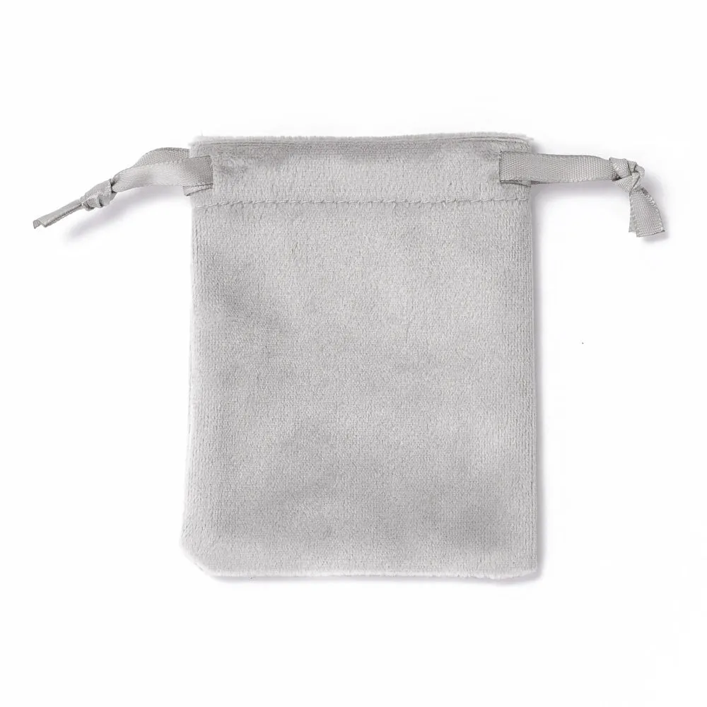 50 pc Velvet Jewelry Drawstring Bags, with Satin Ribbon, Rectangle, Silver, 10x8x0.3cm