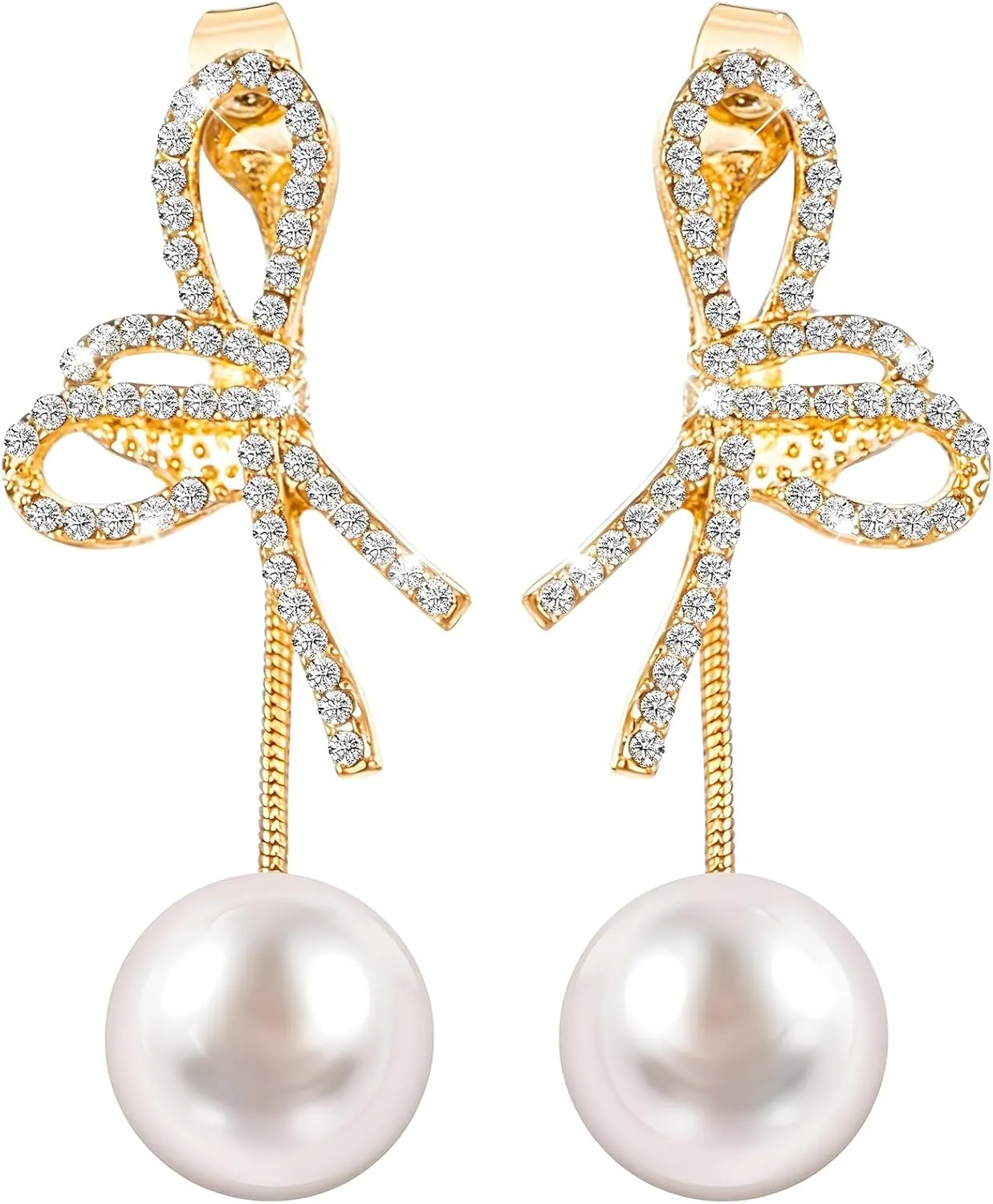 Bow Pearl Earrings for Women - Gold Dangle Bridal Jewelry with Rhinestones & Freshwater Pearls, Wedding/Prom Coquette Earrings Gift Set (Dainty Statement Earrings)