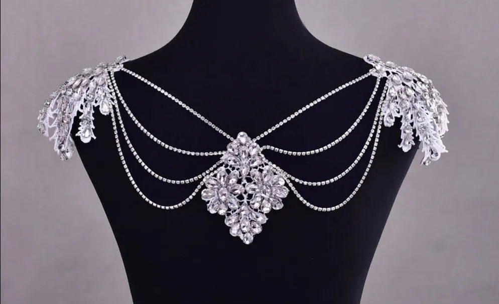 Bridal Crystal Beaded Vintage Tassel Wedding Cape with Rhinestone Chains and Necklace