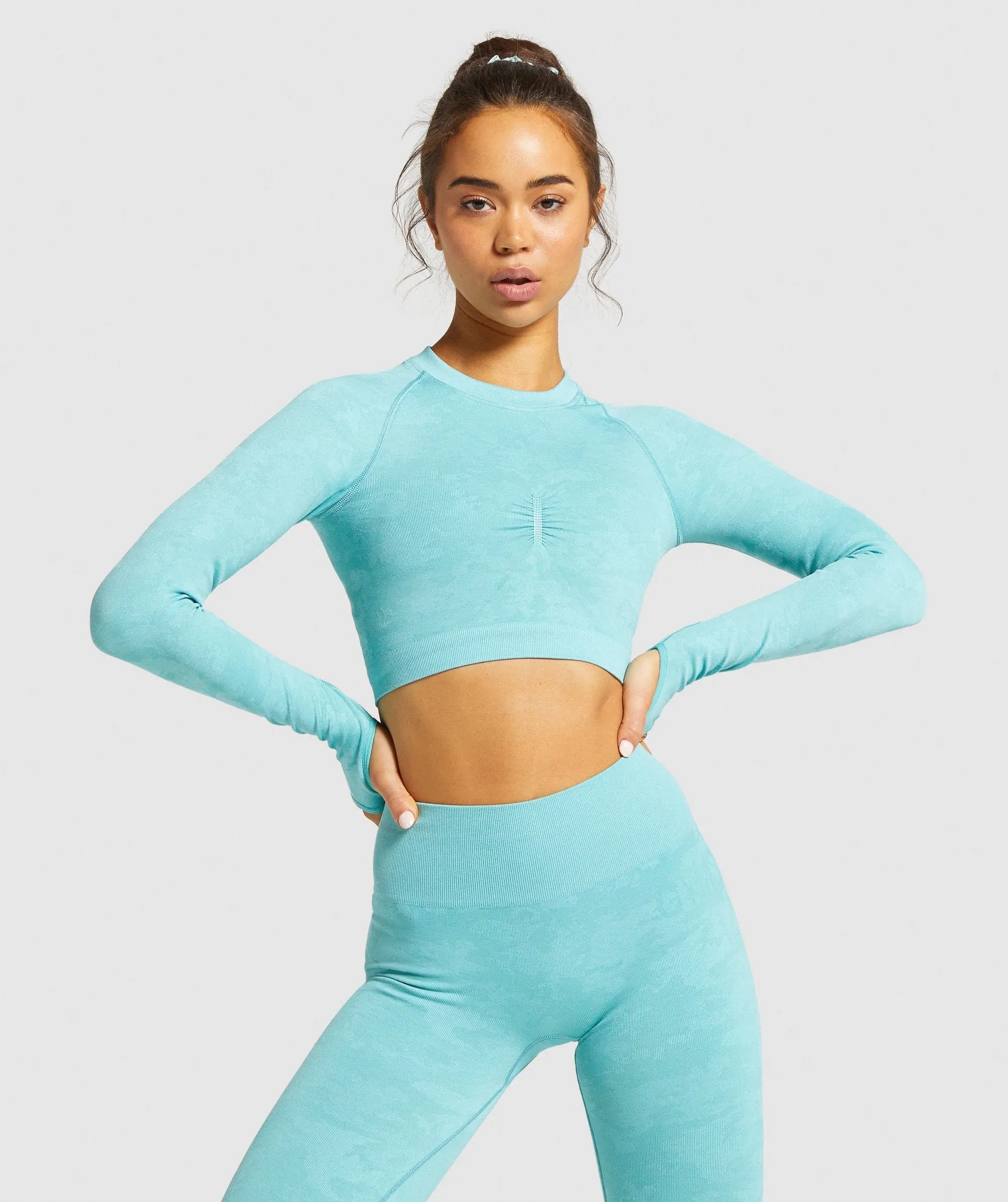 Gymshark Camo Seamless Long Sleeve Crop Top - Light Green