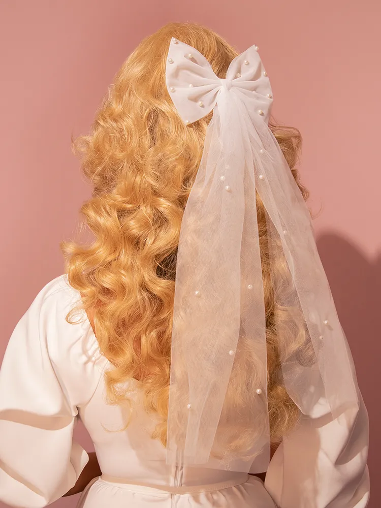 Large Mesh Bridal Hair Bow With Pearl Accents in Ivory