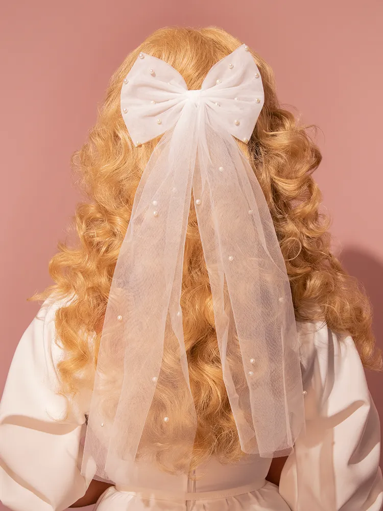 Large Mesh Bridal Hair Bow With Pearl Accents in Ivory