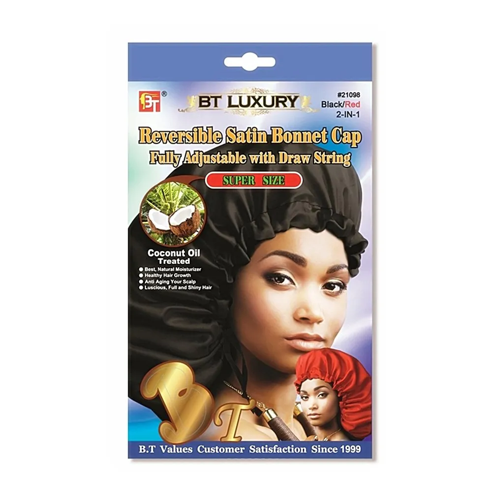 REVERSIBLE SATIN BONNET CAP - Coconut Oil Treated (BLACK-RED)